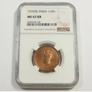 1939 B NGC MS65 RB INDIA - 1/4 A Anna Coin #49424A - Picture 1 of 2