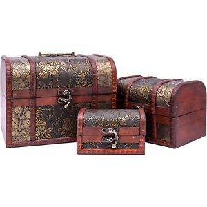 Vintage Gold Leaf Set of 3 Wooden Treasure Chest Jewellery Accessory Storage Box
