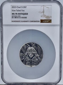 Nove Code Volpe 2023 Ciad Bestia della Leggenda 2 Oz Moneta Argento Inserto Cristallo NGC 70 - Foto 1 di 2