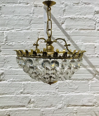 13" x 16.5" Antique Petite French Crystal Chandelier, Bronze, Bowl, 1-Light Cover