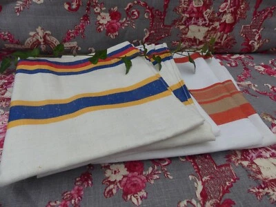 Lot de 5 Torchons anciens en métis décor larges bandes colorées 88X48 bon état - Photo 1/4