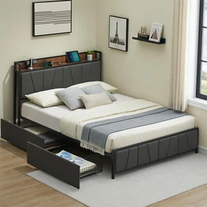 Full Size Bed Frame with 2 Storage Drawers Linen Upholstered Platform Bedframe - Picture 1 of 9