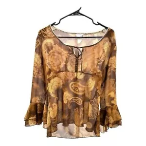 Rave | Women’s XL Brown Print Peasant Boho Y2K Fairy Sheer Top Bell Sleeve 90s - Picture 1 of 14