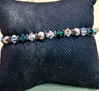 Artisan Made Sterling Silver Green and Aurora Borealis Crystal Beaded Bracelet