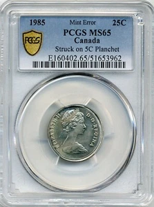 1985 Canada 25 Cent MINT ERROR, Struck on 5 Cent Planchet - PCGS MS 65 - Picture 1 of 3