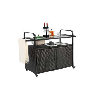 Outdoor Bar Table, Wicker Bar Cart w Cabinet, Patio Serving Cart with Steel Top - Image 1 of 4