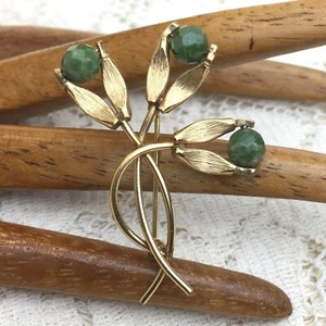 Vintage 12k Gold GF Faceted Jade Tulips Brooch Pin Nephrite Modern MCM Van Dell - Picture 1 of 10