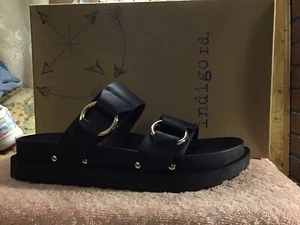 Womens Indigo Rd. Nikkia Black Slip On Sandals Large Buckle Studded Size 7M Nice - Picture 1 of 5