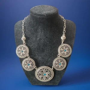 Medallion Statement Necklace with Blue Rhinestone Accents - Picture 1 of 4