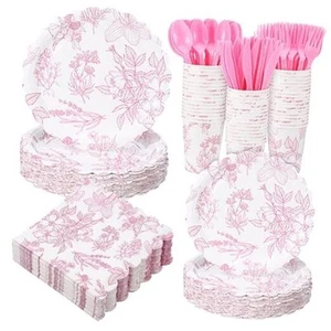400 Pcs Pink Floral Party Plates Disposable Tableware Set for 50 Guest Spring - Picture 1 of 8