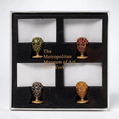 MMA (METROPOLITAN MUSEUM OF ART) Metropolitan Museum Of Art Enamel Crystal Faberge Egg Place Card Holders NOS