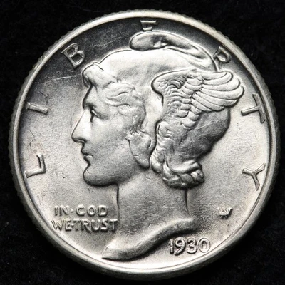 Moneda de diez centavos de plata Mercury 1930 BU *sin circular* MS E241 en muy buena condición Foto 1 de 2