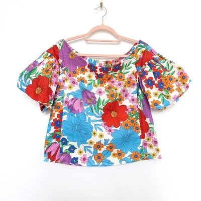 H&M Top Size 6 Floral Puff Sleeve Off Shoulder Maximalist Retro Artsy Summer - Image 1 of 4