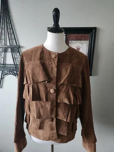 CHAQUETA VINTAGE NEIMAN MARCUS CUERO GAMUZA GENUINO CON VOLANTES MARRÓN TALLA XL EN MUY BUEN ESTADO  - Imagen 1 de 10