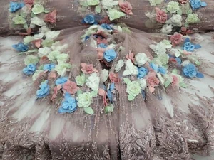 Dusty Rose Beaded Lace 3d Multicolor Floral Fabric Sold by The Yard Quinceañera  - Picture 1 of 11