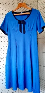 Hell Bunny Vixen XL Blue Dress with Black Bow Tie  Flared Rockabilly Retro Pinup - Picture 1 of 12