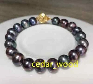 Real NATURAL 9-10MM ROUND Tahitian GENUINE black PEARL BRACELET 14K gold 7.5-8" - Picture 1 of 6