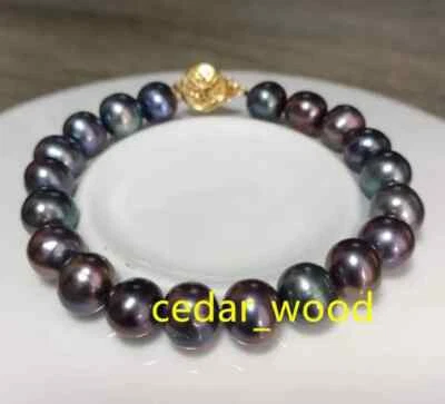Real NATURAL 9-10MM REDONDO Tahití GENUINO Negro PERLA PULSERA ORO 14K 7.5-8" Foto 1 de 4