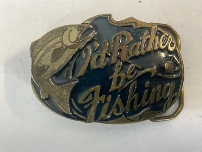 WOW Vintage 1985 I'd Rather Be Fishing Trout Salmon Fisherman Belt Buckle RARE - Image 1 of 4