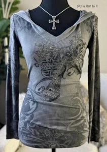 USA New VOCAL APPAREL Womens CRYSTAL STUDDED GRAY CROSS HOODIE SHIRT S Small - Picture 1 of 3