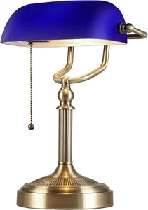 Blue Glass Bankers Desk Lamp with Pull Chain Switch Plug in Fixture Bronze Base - Picture 1 of 6