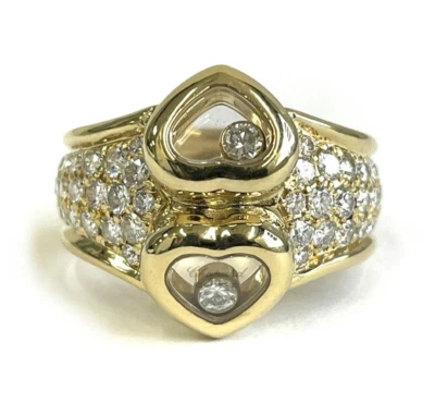Chopard Happy Diamonds 18K Yellow Gold Double Heart Ring US 7.5-8 Rare Design - Image 1 of 4