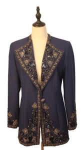 Vintage 80's Diane Freis Size M Navy Blue Beaded Sequins Cocktail Blazer Jacket - Picture 1 of 10