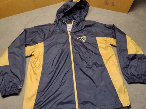Reebok Nylon Hooded RAMS Full Zip Jacket Size XL Windbreaker Larger Fit Cover