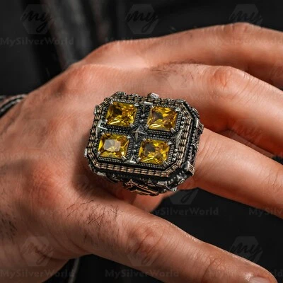 925 Пробы 4 желтый цитрин камень огромный турецкий ручной работы мужское кольцо - Изображение 1 из 4