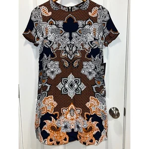 NWT Express Paisley Print Shift Dress Short Sleeve Career Casual XS - Picture 1 of 9