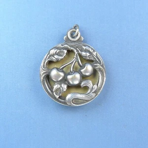 Belle Epoque Cherry Locket Pendant / Art Nouveau Silver Plated Souvenir - Picture 1 of 5