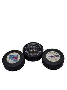 3 NHL Official Game Pucks Cheyenne Stampede NY Rangers Washington Capitals VTG - Picture 1 of 10