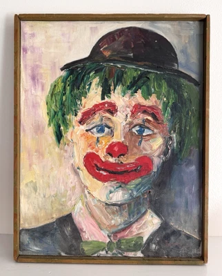 VINTAGE FRAMED ORIGINAL SIGNED CLOWN Acrylic PAINTING ON CANVAS 19"×14" Frame - Image 1 of 4