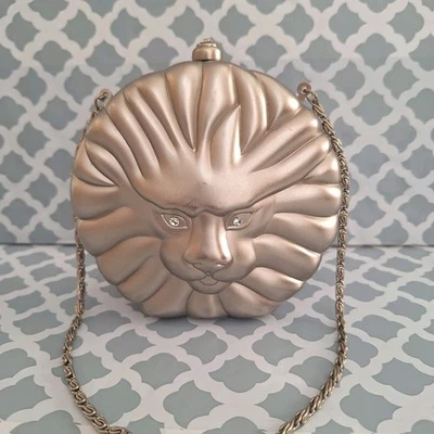 SASHA 3D Lion Head Purse Silvertone Bag Hard Shell Metal Cat Animal - Image 1 of 4