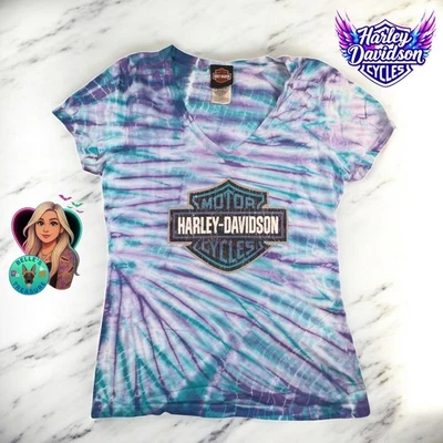 Harley Davidson галстук краситель V шеи футболка женщин средний фиолетовый синий мотоциклов Y2K - Изображение 1 из 4