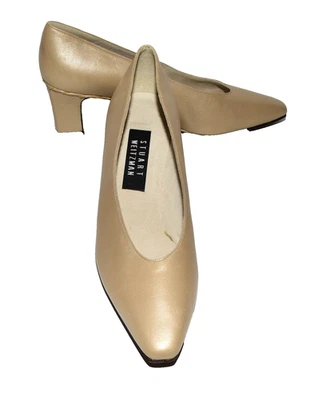 Stuart Weitzman Gold Leather Chain Edge Accent Block Heel Pumps Size 8.5 AA NWOB - Image 1 of 4