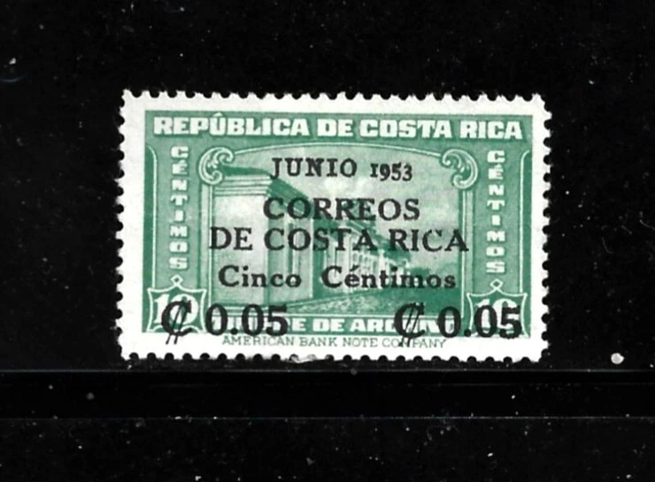 Costa Rica Stamp Scott # 257-5c on 10c-Mint/VLH-OG-1953-Overprinted-Surcharged - Image 1 of 1