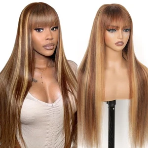 Ombre Highlight Human Hair Wigs with Bangs 2x4 HD Lace Front Brown Wig with H... - Picture 1 of 6