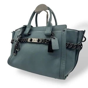 [Near Mint] COACH Swagger 27 Light Blue Carryall Leather Shoulder Bag Handbag - Picture 1 of 12