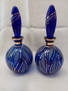 Pair 2 Bohemian cobalt blue glass dresser perfume bottles etched & gold, 7.5" - Picture 1 of 11