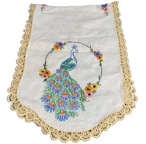 Vintage Handmade Embroidered Peacock Linen Table Runner Dresser Scarf 38 x 13 - Picture 1 of 9
