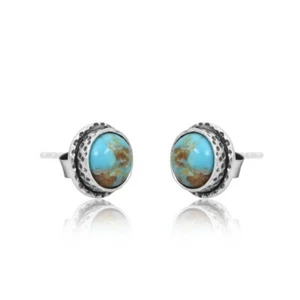 Hammered Texture Stud Earrings With Kingman Turquoise 925 Silve Handmade Jewelry - Picture 1 of 4