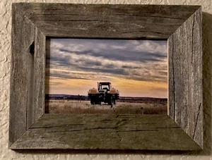 Tractor Photograph Authentic Barn Wood Frame 4x6 Farmer Texas Nature Sunset Art - Picture 1 of 5