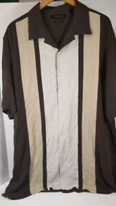 Axist Mens Silk Bowling Button Down Shirt 2XLT Beige Tan Stripe 