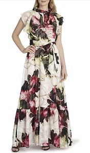 Tahari ASL Damen Flatterärmel Rüschen Ausschnitt Spitze Kleid Rouge Rose Blumenmuster Größe 8 - Bild 1 von 12