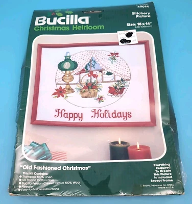 Kit de costura vintage Bucilla Crewel à moda antiga Natal estampado linho 49014 - Imagem 1 de 4