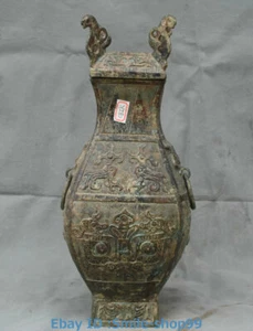 13.7" Old Bronze Ware Dynasty Beast Face Double Ear Ring Pot Jar Crock vessel - Picture 1 of 12
