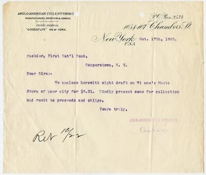 Anglo American Cycle Fittings Co. New York Brief nach Cooperstown 1895, Fahrrad - Bild 1 von 2