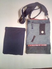 EMF/Cross body blue jean bag/ Removable EMF protector for cell/tablet. Red Zippr