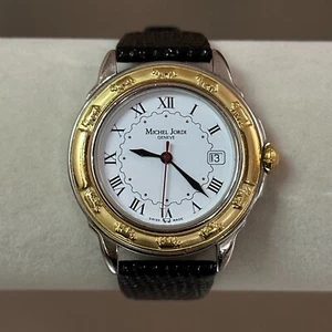 MICHEL JORDI Geneve Watch Swiss Vintage Quartz Analog Date Black Leather 37 mm - Picture 1 of 16